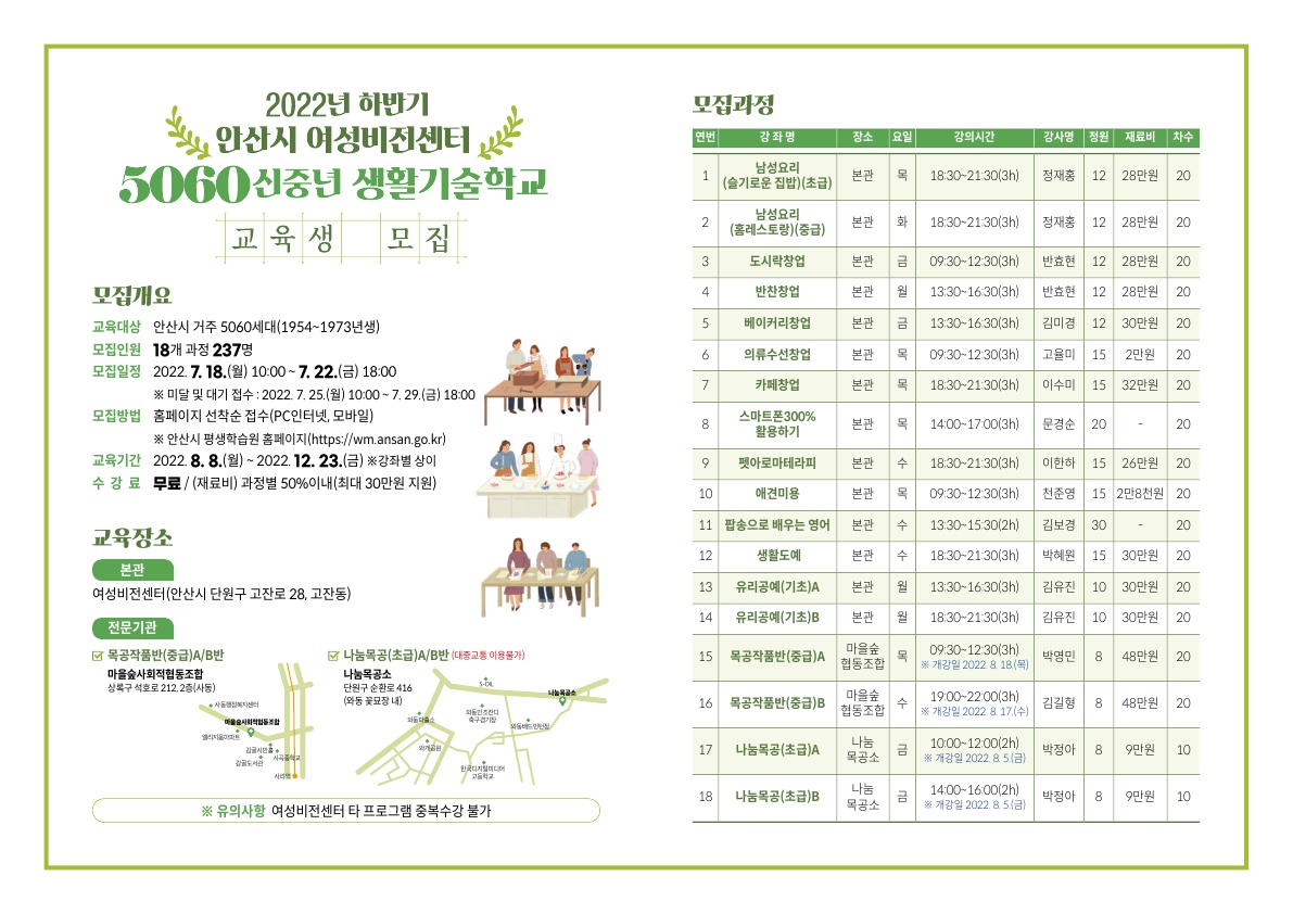 안산시 여성비전센터, 올 하반기 5060 新중년 교육수강생 모집